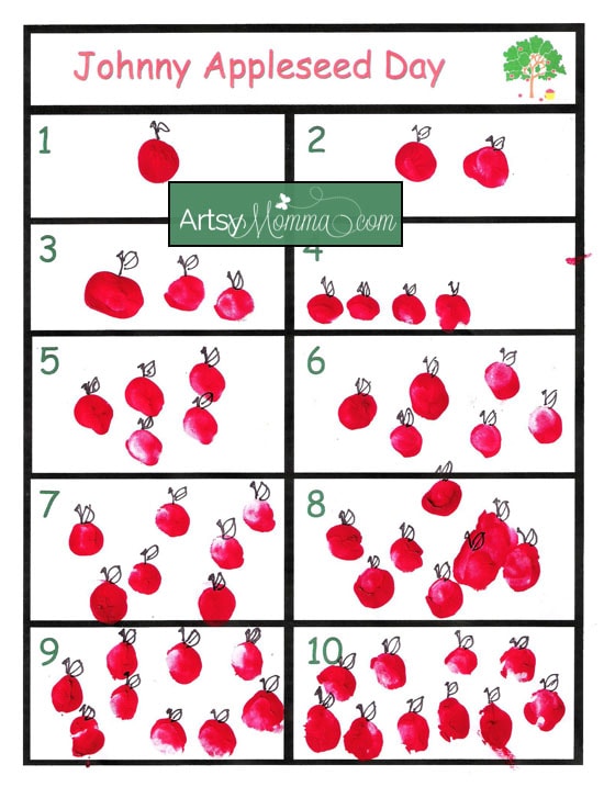 This fun Johnny Appleseed Day printable counting activity is free. Preschoolers can reinforce counting while making fingerprint or thumbprint apples