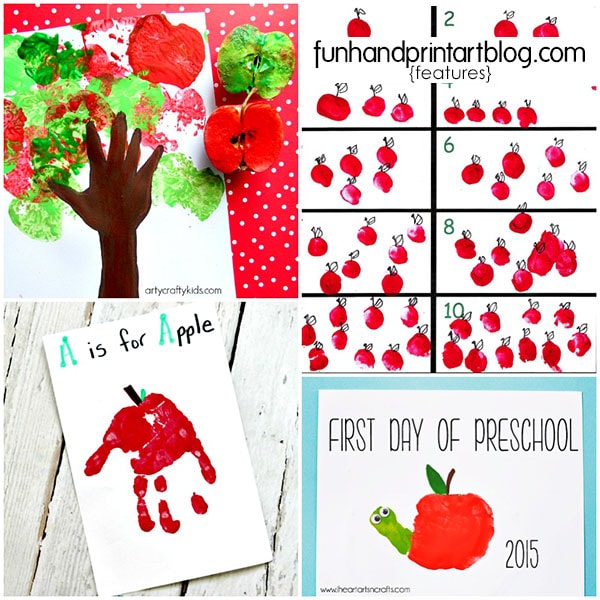 List of creative Handprint and Fingerprint Apple Crafts to make for Johnny Appleseed Day, a letter of the week A craft, or fall theme.