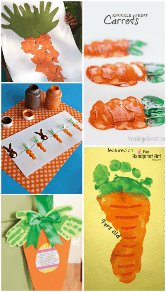 Carrot Crafts made with Handprints and Footprints for Easter or a Vegetable Unit