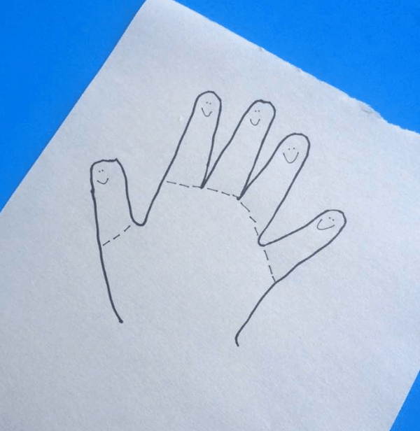 Traced hand for making Finger Cut Out Kids. We paired this craft with our favorite books for back to school fun! 