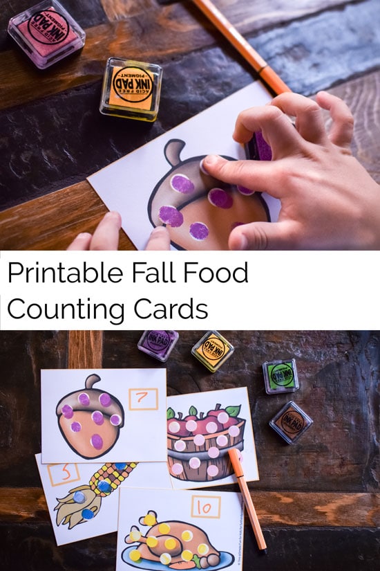 Learn to count up to 15 with these printable fall food counting cards! Cute theme for toddlers and preschoolers, perfect for Thanksgiving and all fall long!