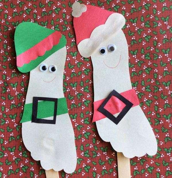 Christmas Craft Stick Footprint Puppets: Simple, Cute Santa and His Elf Footprint Puppets - Playful Christmas Activity for Kids