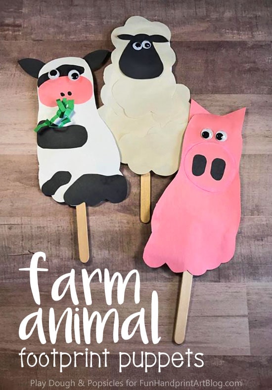 How to turn footprints into adorable Farm Animal Puppets for pretend play & storytelling. Make a sheep, cow, and pig puppet.