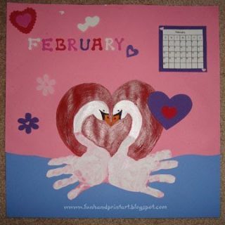 February Handprint Calendar Idea: Make Handprint Swans In A Heart Shape