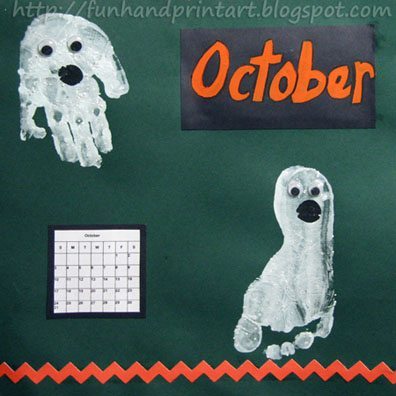 Cute Ghosts Made from painted a hand and foot for October Handprint Calendar