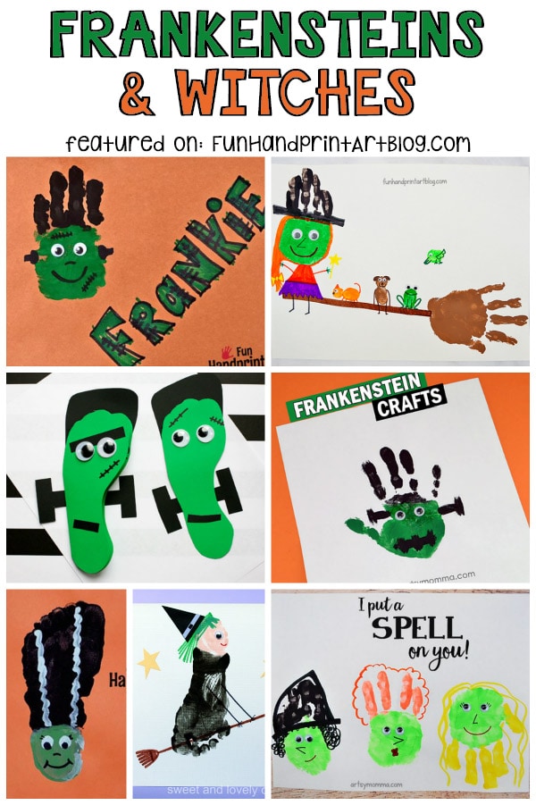 Halloween Witches & Frankenstein Crafts made with hands & feet