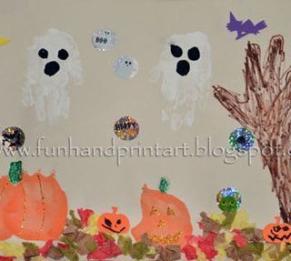Handprint Halloween Collage Art Scene using paint, markers, glitter glue & stickers
