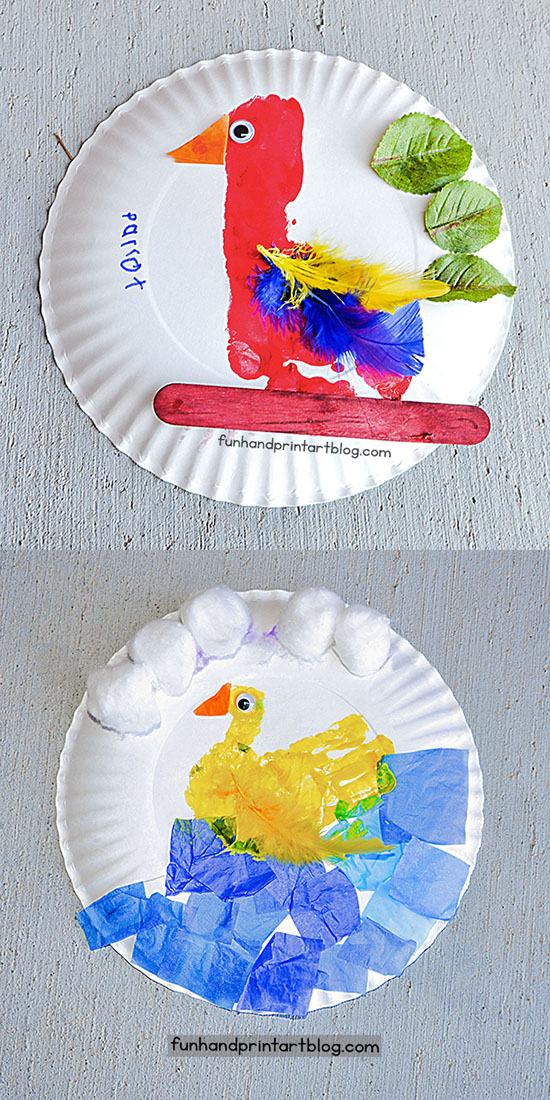 Crafty Paper Plate Duck & Footprint Parrot Using Feathers & Tissue Paper