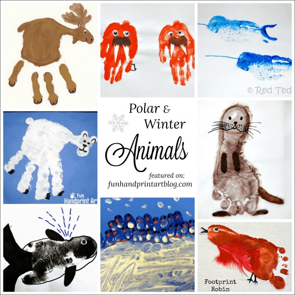 Polar and Winter Animal Crafts made with handprint & footprints