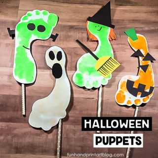 Halloween Charcter Puppets Craft for Kids: Footprint Frankenstein, Ghost, Jack-o-lantern, and Witch