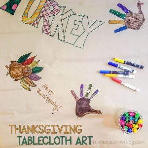 Thanksgiving Tablecloth Handprint Drawings - Boredom Buster for Keeping Kids Busy on Thanksgiving