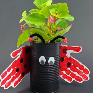 Recycled and Repurposed Tin Can Ladybug Planter with Handprint Wings