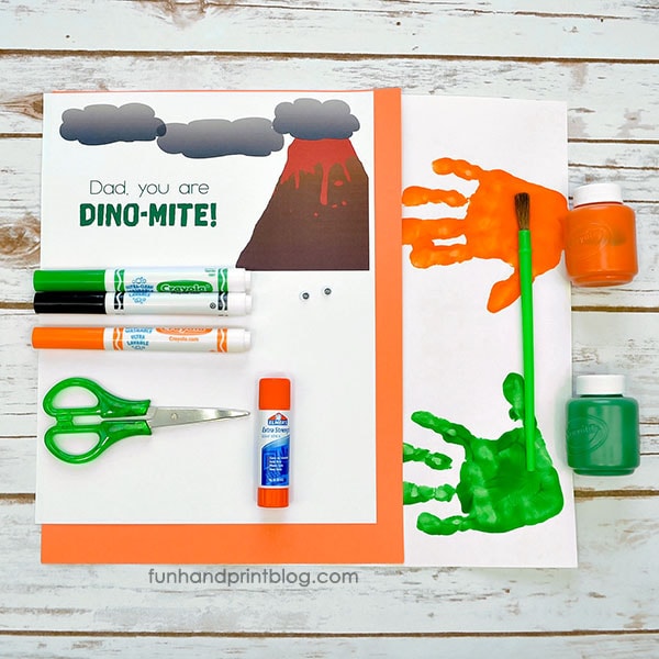 Supplies for creating dinosaurs from handprints