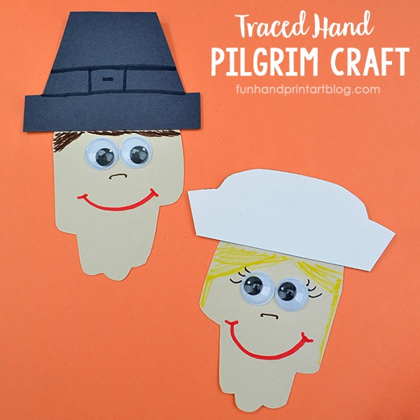 Make traced hand pilgrims from paper as an easy kindergarten Thanksgiving craft