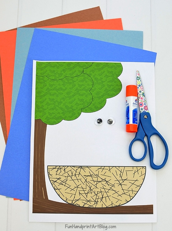 Supplies for Baby Blue Bird Paper Craft: construction paper, googly eyes, scissors, glue, template